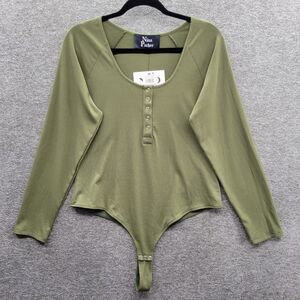 Nina Parker Bodysuit Women's 1X Green Ribbed Long Sleeve Scoop Neck NWT